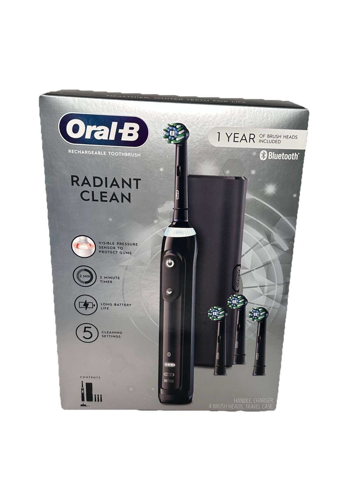 NEW Oral-B Radiant Clean Rechargeable Toothbrush+ 4 Brush Heads, Travel Case