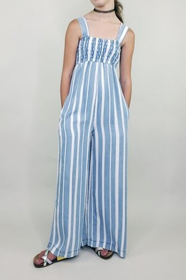 NWT Tractr Brand Blue & White Striped Shirred Jumpsuit - Size 8/29 - Tencal