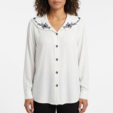 IVY RN53001 Made in USA Embroidered Pleated Button Blouse Women Size M