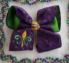 Mardi Gras Embroidered Glitter Girls Hair Bow 5 Carnival Parade Accessory