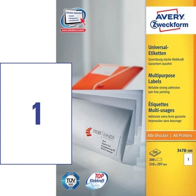 220 AVERY Zweckform Etiketten 3478-200 weiß 210,0 x 297,0 mm