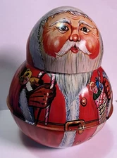 Vtg Bristol Ware Christmas Santa Tin Round Tin  USA 1980 7in Roly Poly Deco