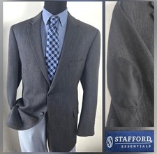 Stafford 46R Tweed Elbow Patch Blazer Sport Coat Gray Wool Herringbone Jacket