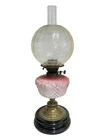 Antique Oil Lamp Pink Moulded Glass Font Duplex Burner With Etched Globe