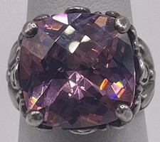 14CT Cushion Cut Pink Stone Set Sterling Silver Ring Size 7 12.7g 