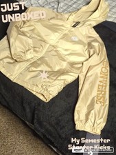 Converse Boys Hooded Windbreaker Jacket Beige Water Resistant Full Zip Size L