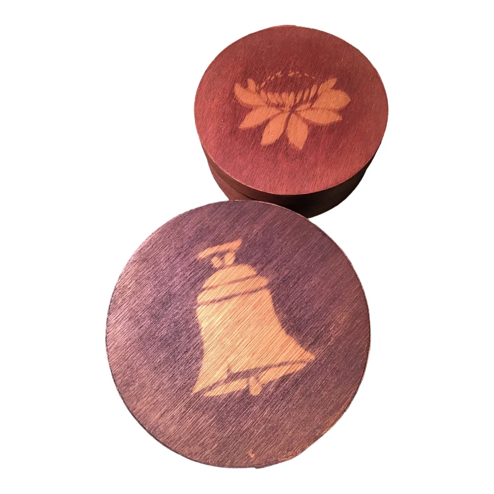 Contenedores de almacenamiento pequeños y medianos redondos de madera vintage manchados a mano campana y flor Foto 2 de 4