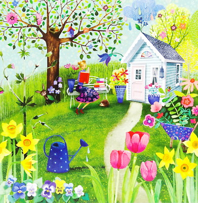Mila Marquis*Postkarte*14x14*Frau liest im Frühlings-Garten Grußkarte