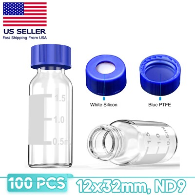 100 Pcs 2mL 9-425 HPLC Autosampler Vials 9mm Screw Caps White Silicone Blue PTFE