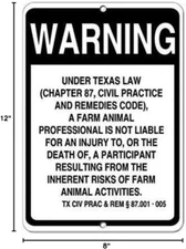 New Metal Sign Aluminum Sign Texas Law Farm Animal Professional Not Liable In...