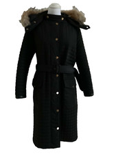 £1,000+ Bally Black Quilted Coat Detachable Fur Trim Hood, Size Us12/uk16 Belt