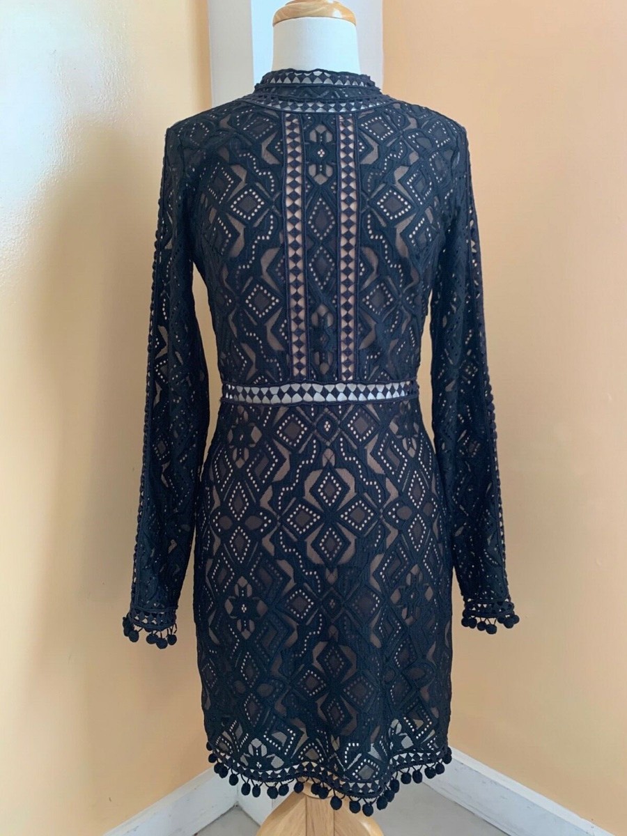 Women's black lace For Love & Lemons dress long sleeves size M beige lining  | eBay