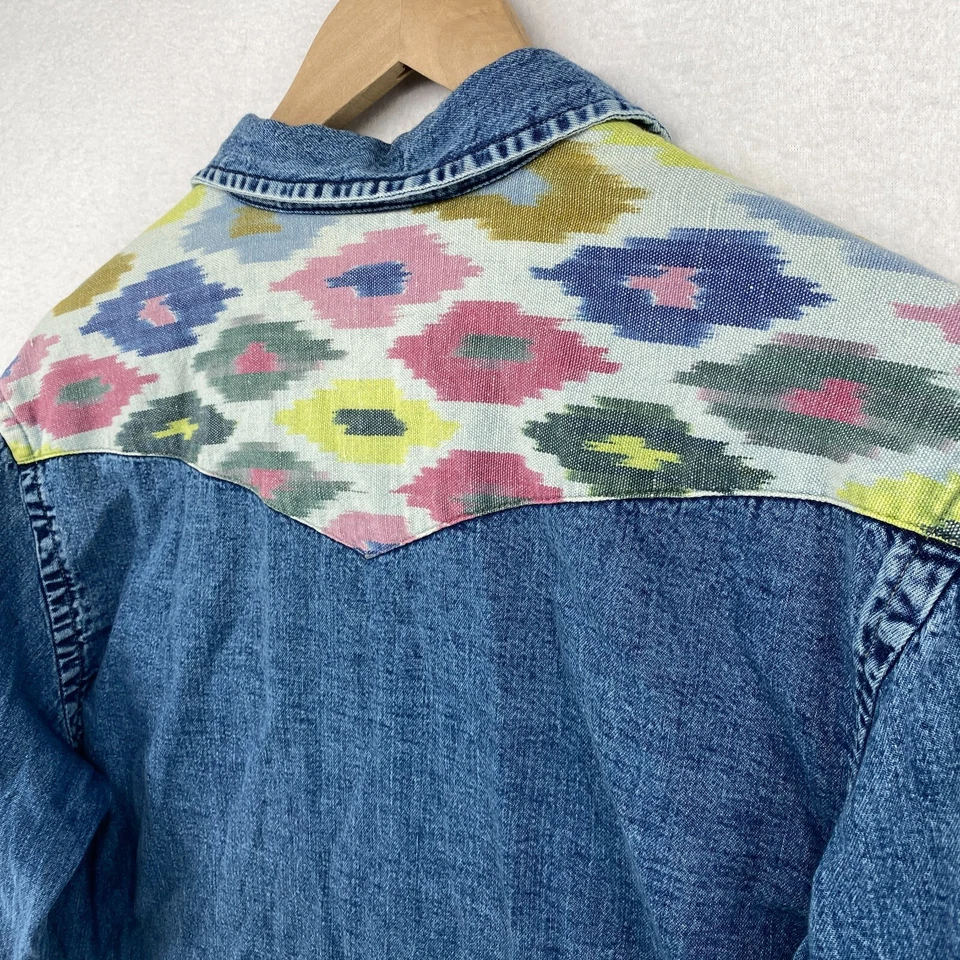 Camisa SALT VALLEY Hombres M Western Azteca Tribal Denim Perla Botón a Presión Algodón Azul Foto 4 de 4