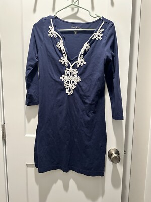 Women's Lilly Pulitzer Marina Embroidered Navy Shift Dress V-Neck 3/4  Sleeves S | eBay