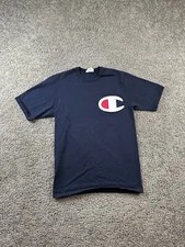 Champion Shirt Small Blue White Big C Logo Short Sleeve Cotton Casual FLAW