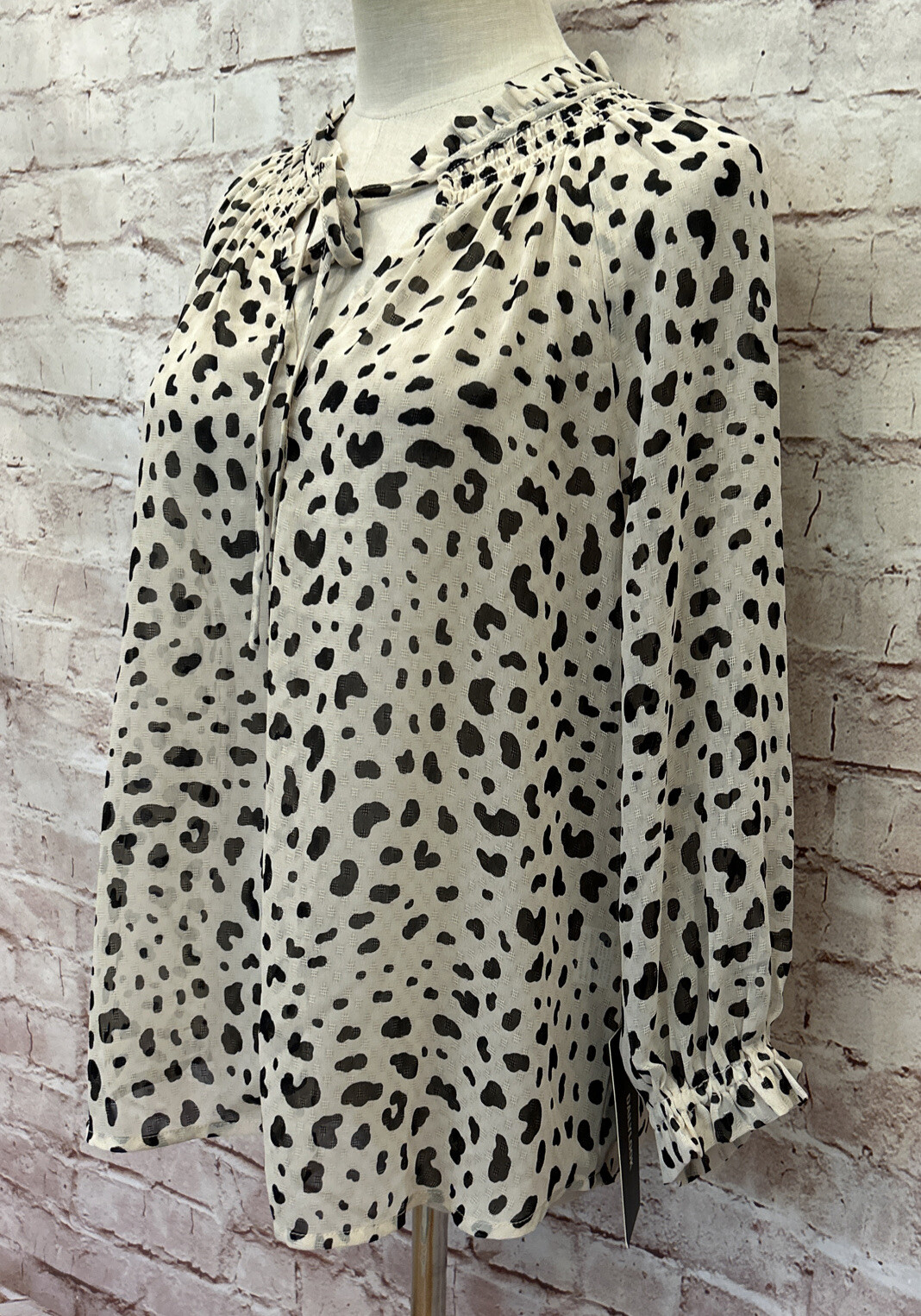 Collective Concepts Womens S Popover Blouse Ivory Cheetah Ruffle Tie Neck Sheer