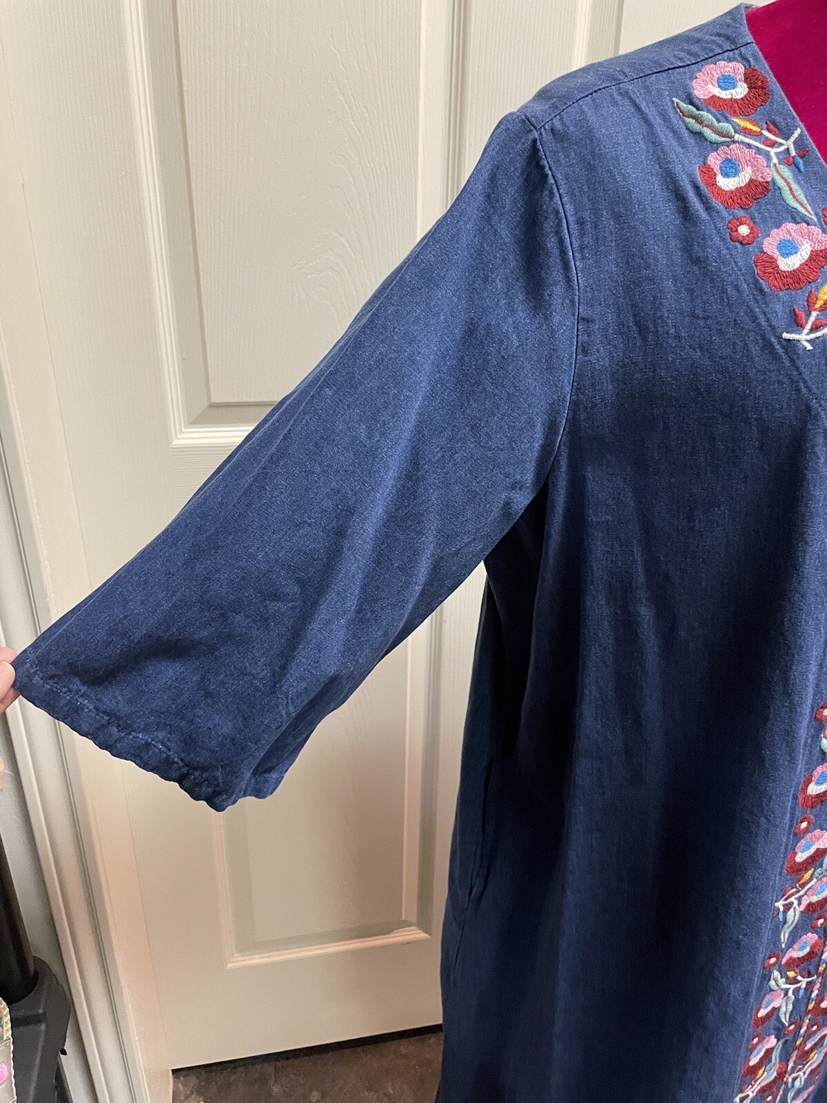 Go Softly Patio Dress Muumuu Denim Chambray Floral Embroidered Cotton