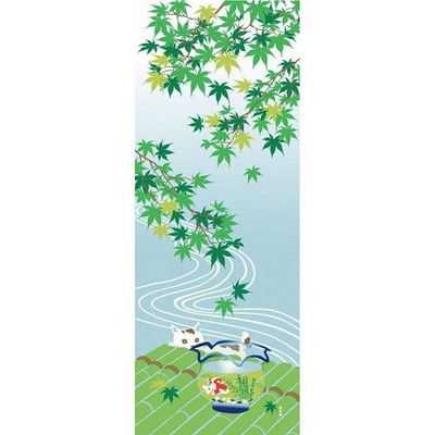 Hamamonyo Picture Tenugui: Summer Maple Leaves and Goldfish Bowl