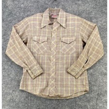 VTG Rappers Western Shirt Mens Medium Tan Yellow Plaid Pearl Snap Rodeo USA Made