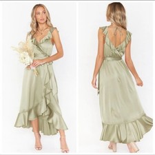 show me your mumu samantha ruffle wrap dress moss green luxe satin medium