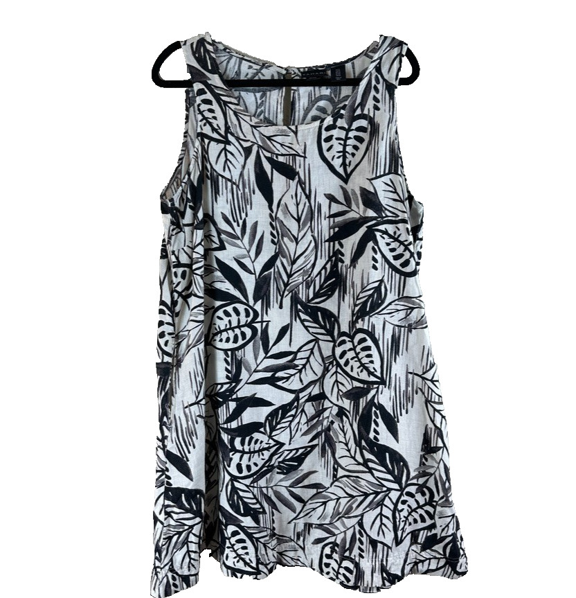 Tahari Tropical Linen Dress White Black 1X Pockets Casual Beach Coastal Tunic