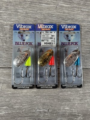 3 Packs Blue Fox Vibrax Mid Depth Spinners Size 5 Neon, Red & Blue 7/16