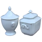 Elegant antique french sugar bowl set of 2 with lid, off white porcelain mystic