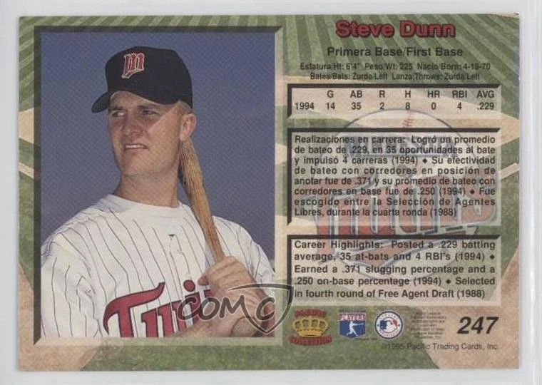 1995 Pacific Crown Collection Steve Dunn #247 - Image 2 of 2
