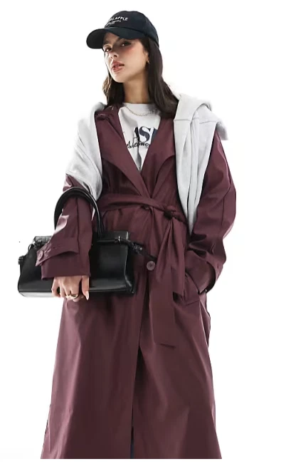 ASOS Design Rubberised Rain Hooded Trench Coat Ladies Burgundy Size Large 16-18 - Image 2 of 4