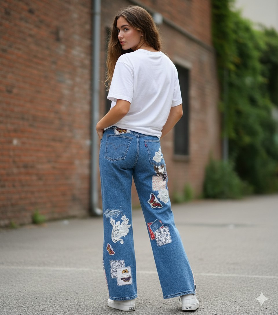 Levi's Ribcage Upcycled Patchwork Custom Bell Jea… - image 2