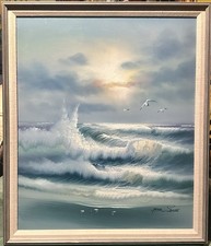 Original Seascape Ocean Waves Painting Acrylic on Canvas Signed John Swon Framed
