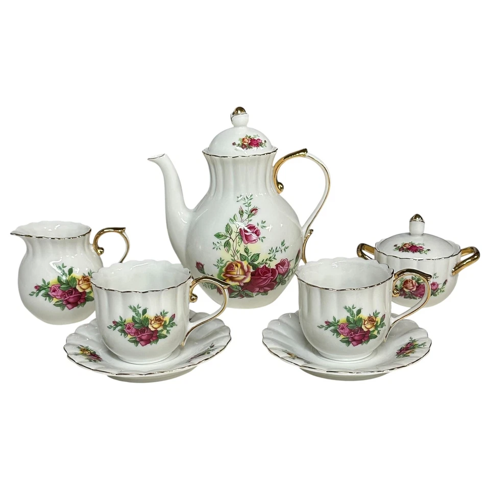Juego de té de porcelana Rose Floral Gold Trim Tetera Sugar Creamer Cups Saucers Gilded Foto 2 de 4