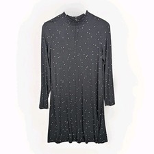 M&S Collection Black Spot Dress With Stretch UK 12 Patterned Long Sleeve Keyhole