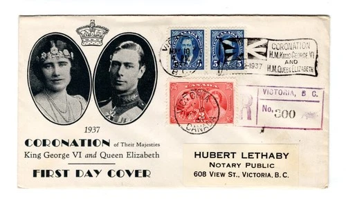 R687 Canada FDC - 1937 George VI Coronation - Victoria BC - Registered FDC Cover