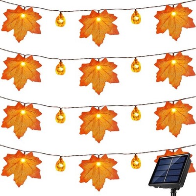 Solar Pumpkin Maple Leaf String Lights Outdoor Waterproof 50 LED 30Ft Fall Decor