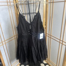 FREE PEOPLE Black BoHo Chic Spaghetti Strap Fit & Flare Dress Large NWT $128