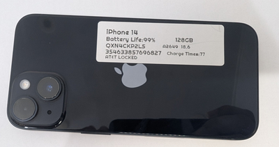 Apple iPhone 14 A2649 128 GB - Midnight (AT&T Locked) 100% Battery