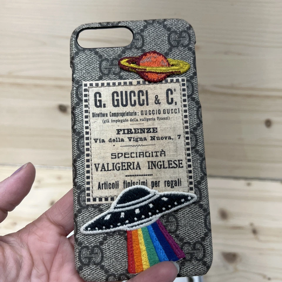 古驰保护壳 iPhone 7 / 8 黑色至尊布贴宇宙飞船 UFO 彩虹意大利标志 — 第 4/4 张图片