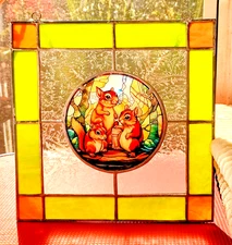 A Squirrel Family - Stained Glass Panel - 11 1/4in. by 11/14in.-New -Maid in USA