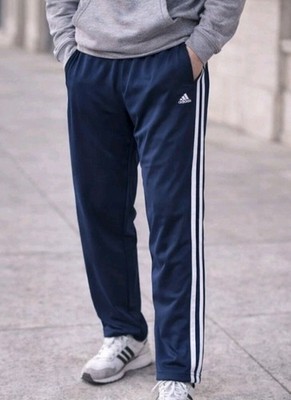 Adidas Men's Large Track Pants Navy Blue White 3 Stripe Drawstring Zip Leg