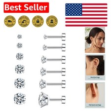 6 Pairs Hypoallergenic Cubic Zirconia Earrings Surgical Steel Flat Back Studs...