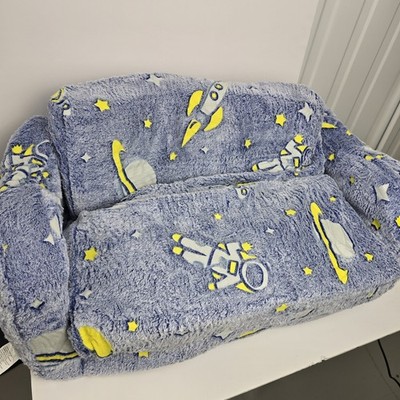 Kids Fold-Out Sofa Bed Glow in the Dark Blue Velvet Foam Toddler Couch Used