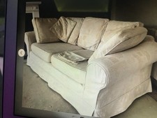 Cream Brocade Three Seater Sofa With Loose Covers And Two Scatter Cushions