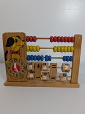 Vintage Wood Abacus With Clock For Kids, Learning Math And Time Dog