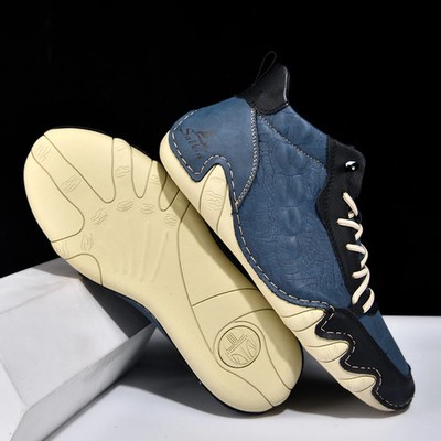 New Handmade Leather Shoes Male Lace Up Ankle Boots Travel Outdoor Sneakers Blue