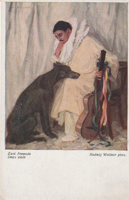 Postcard Dog + Man with Guitar - Artist Hedwig Wollner ''Two Friends''