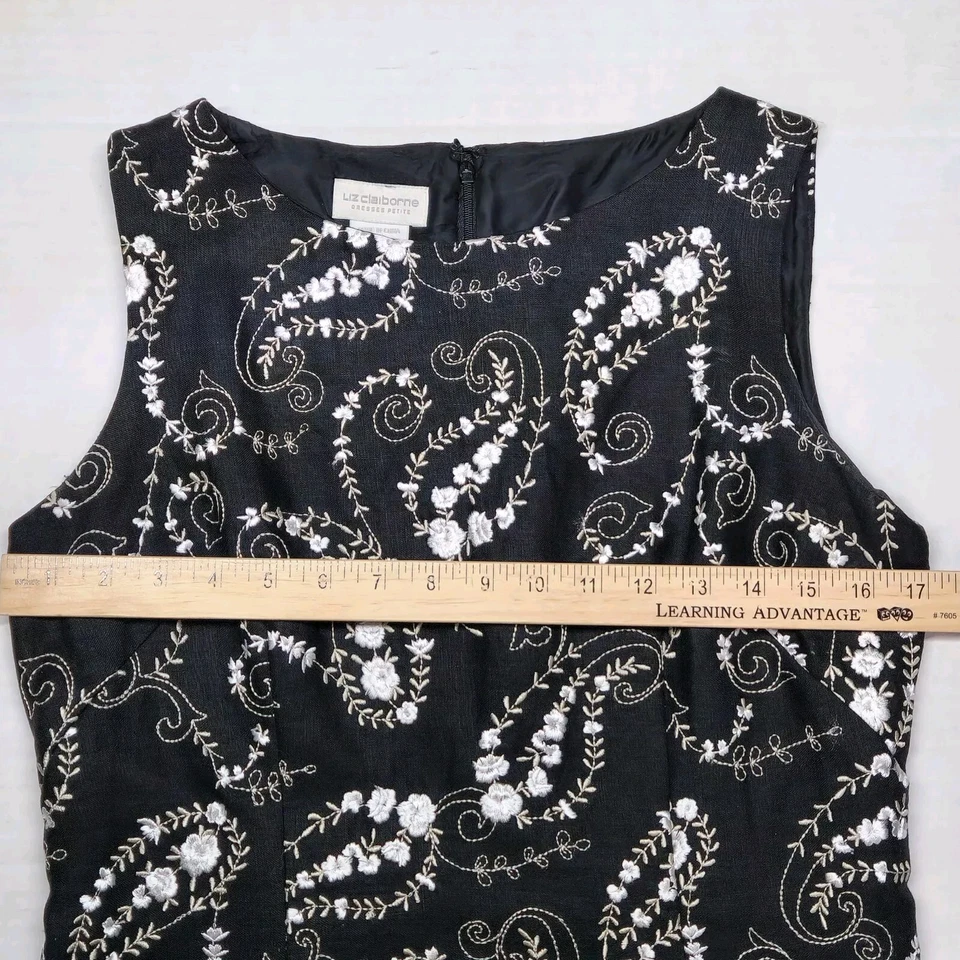 Black Linen Embroidered Paisley Dress Elegant Vtg Romantic Size 8P Liz Claiborne - Image 4 of 4