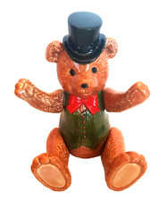 Vintage SCHMID Jointed Ceramic 8" Musical Teddy Bear 1983,plays"The Entertainer"