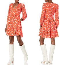 NEW ELIZA J Red & White FLORAL Surplice TIERED Pockets RUFFLE Mini DRESS 12