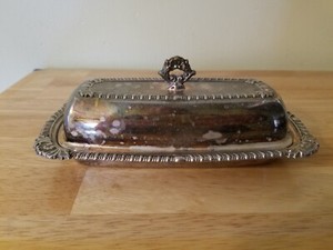 Vintage Silver on Copper Butter Dish with Glass Insert Floral Pattern